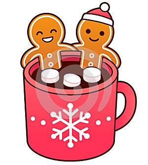 Cute Christmas gingerbread man cookies in hot chocolate cup