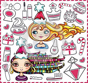 Cute Christmas girls and various beauty products.