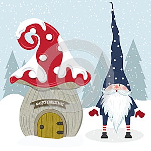 Cute Christmas gnome and her mushroom house. Flat design