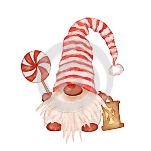 Cute Christmas gnome in Santa Claus red hat with candy and xmas lantern vector isolated white