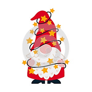 Cute Christmas gnome vector illustration. A funny elf with a beard holds a garland with stars, holiday lights. Santa