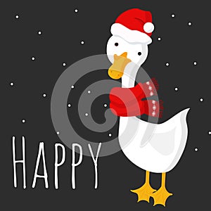 Cute Christmas goose in a red scarf and santa hat on a dark gray background with snow and the words `happy`.