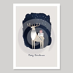 Cute Christmas greeting card, invitation. Deer carrying gift packages at night with falling snow. Deep blue watercolor