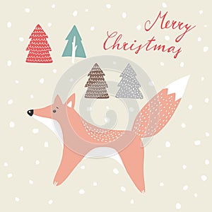 Cute christmas greeting card, invitation, with hand drawn fox in snowy wood,