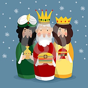 Cute Christmas greeting card, invitation with three magi. Biblical kings Caspar, Melchior and Balthazar. Vector