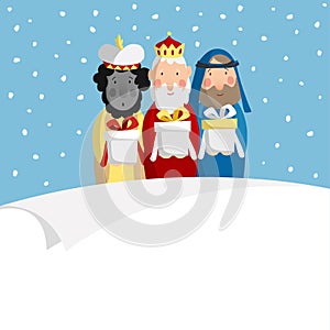 Cute Christmas greeting card, invitation with three magi bringing gifts and blank paper. Biblical kings Caspar, Melchior