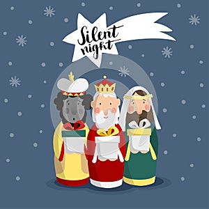 Cute Christmas greeting card, invitation with three magi bringing gifts and falling star.