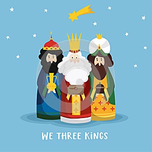 Cute Christmas greeting card, invitation with three magi bringing gifts and falling star. Biblical kings Caspar