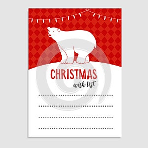 Cute Christmas greeting card, wish list. Polar bear, Christmas lights and snow. Hand drawn illustration background.
