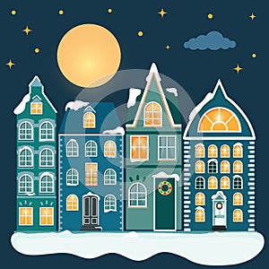 Cute Christmas houses, city buildings in Scandinavian style. Cozy winter town panorama with home exteriors. Urban street