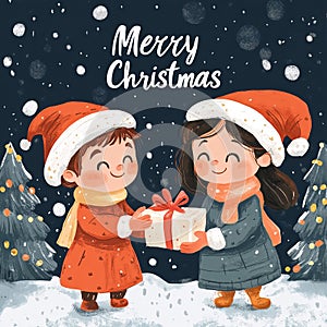 Cute Christmas illustration with two kids boy and girl giving holiday presents. Winter forest with decorated fir trees snowfall. photo