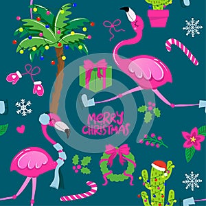 Cute christmas In July pattern - Adorable flamingo, cactus, palm tree illustration.