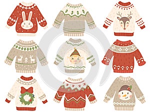 Cute christmas jumper. Xmas ugly sweater with funny snowman, Santas helpers and Santa beard. Winter fashion tacky