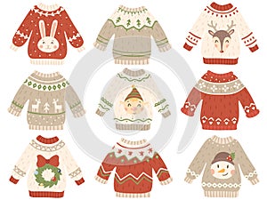 Cute christmas jumper. Xmas ugly sweater with funny snowman, Santas helpers and Santa beard. Winter fashion tacky photo
