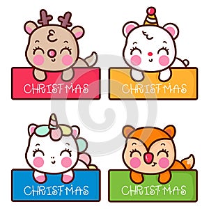 Cute christmas label cartoon set of kawaii animals reindeer vector polar bear unicorn fox adorable x mas festival happy new year