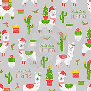 Cute Christmas llama vector seamless pattern