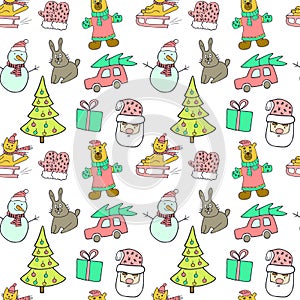 Cute Christmas and New Year seamless pattern.Cat on a sled, christmas tree, rabbit, car, gift, snowman and Santa Claus