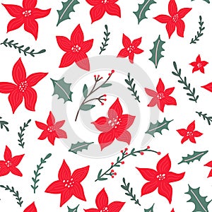 Cute Christmas and New Year seamless pattern with Poinsettia - Christmas star flower. Festive floral winter background