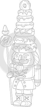 Cute Christmas nutcracker with donuts graphic sketch template.