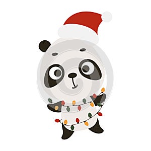 Cute Christmas panda with garland on white background. Cartoon animal character for kids cards, baby shower, invitation, poster, t