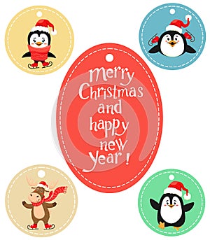 Cute Christmas pendants with handwritten text, deer and penguins. Vector isolates on a white background.