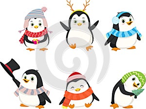 Cute Christmas penguin cartoon set.