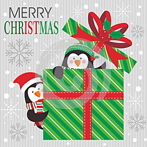 Cute christmas penguin with penguins in the green box and snowflakes