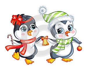 Cute Christmas penguins with bell vector illustration