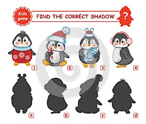 Cute Christmas penguins, find correct shadow. Education match children game. New Year arctic animals. Logical kids puzzle. Vector