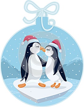 Cute Christmas Penguins Kissing Vector Cartoon