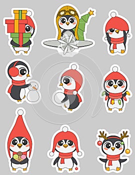 Cute christmas penguins printable stickers. Vector illustration.