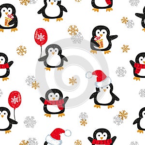 Cute Christmas penguins seamless pattern.