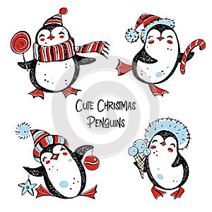 Cute Christmas penguins. Set 2. Graphics . Doodles. Vector.