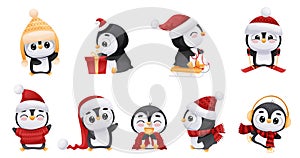 Cute Christmas penguins set. Adorable funny baby bird cartoon character in winter leisure activities. New year and Xmas