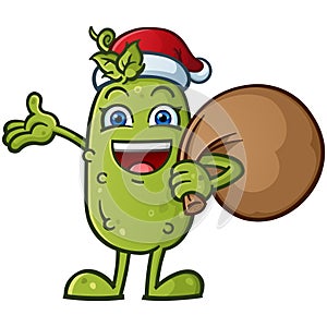 Cute christmas pickle cartoon with a festive smile ready for a big christmas hug