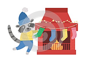 Cute Christmas preparation scene with raccoon in hat and sweater with stockings and chimney. Winter illustration with animal and