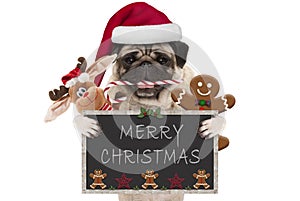 Cute Christmas pug dog with santa hat and candy cane, toys and cookies, holding up blackboard