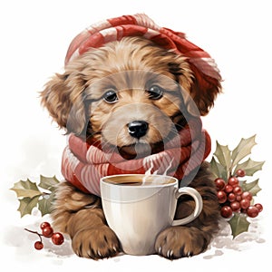 Cute christmas puppy with winter hat and hot drink