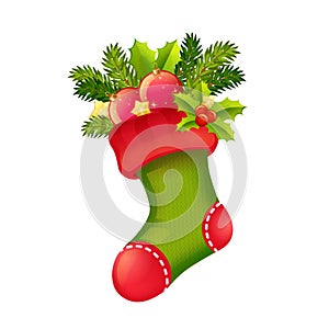 Cute Christmas realistic stocking full of presents isolated