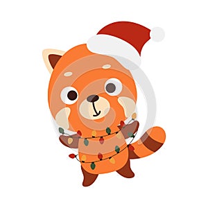 Cute Christmas red panda with garland on white background. Cartoon animal character for kids cards, baby shower