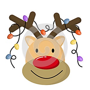 Cute Christmas reindeer face. Funny cartoon deer with decorative lights.