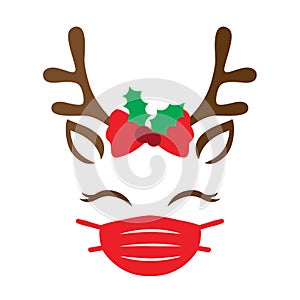 Cute Christmas Reindeer Face with Mask Vector