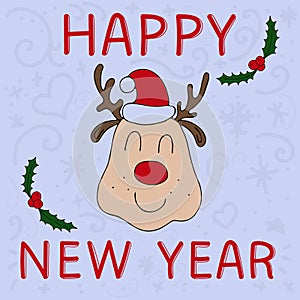 Cute christmas reindeer with red nose and santa hat with the inscription happy new year on a blue background, vector illustration