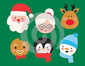 Cute Christmas Santa Claus, Mrs. Claus, Snowman, Reindeer, Gingerbread Man, and Penguin Vector Illustration.