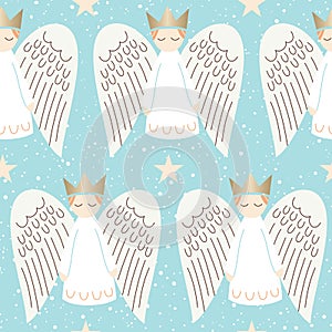 Cute Christmas Scandinavian Style Angels and Stars on Aqua Background Vector Seamless Pattern