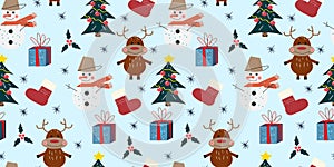 Cute Christmas seamless pattern with reindeers, Christmas trees, snowmen, gift boxes and Santa`s socks.
