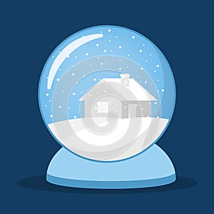 Cute christmas snow globe icon. Little house on snow and snowflakes