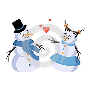 Cute Christmas snowman and snow woman with love emotions