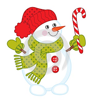 Cute Christmas Snowman Wearing Red Hat and Green Scarf Holding Candy Stick. Vector Xmas Snowman