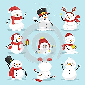 Cute christmas snowmen flat vector illustrations set photo